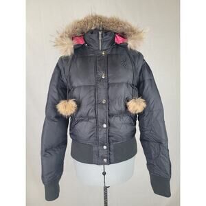 VTG Y2K Rocawear Black Down Jacket w Brown Fur Trim Women's Sz M/L